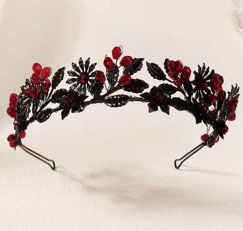 Gothic Style Kristall Brautkrone Diadem Schwarz Rot 