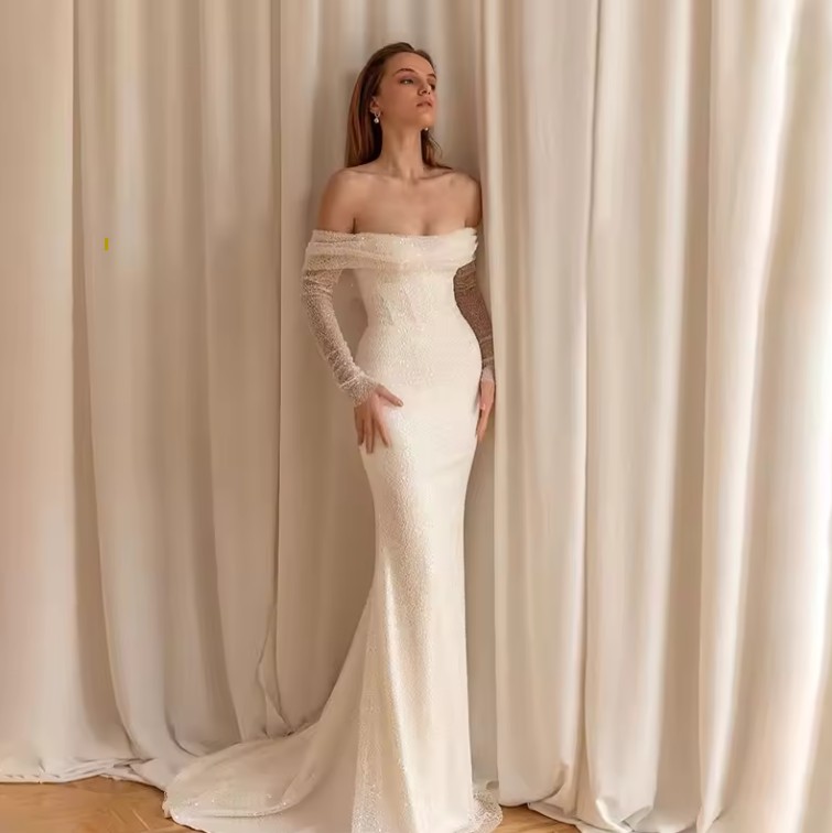 Schulterfreies Meerjungfrau Brautkleid Sophia mit Tüll Ärmel Schleppe Abnehmbar