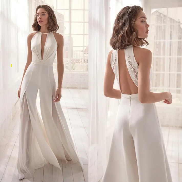 Sexy Chiffon Jumpsuit Overall Isabella für den Standesamt mit Rücken Ausschnitt