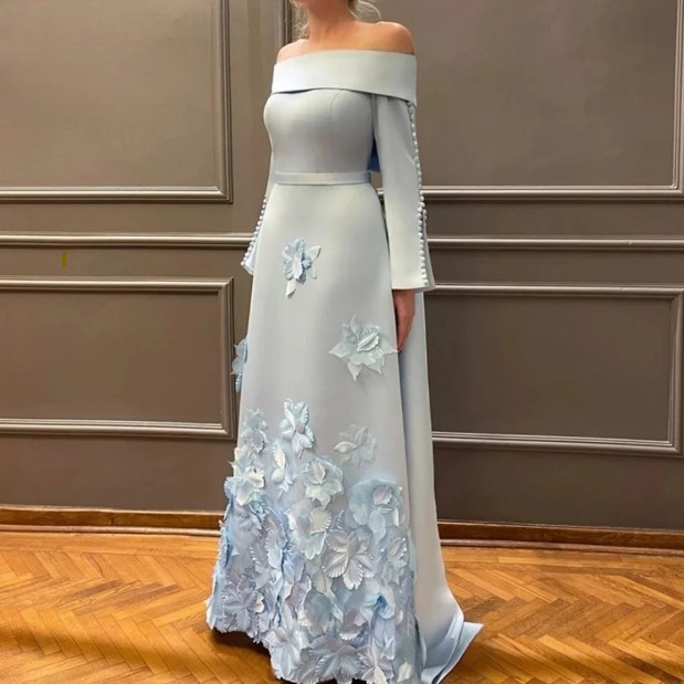 A Linie Brautmutterkleid 2025 Festlich in Hellblau Schulterfrei mit Blumen