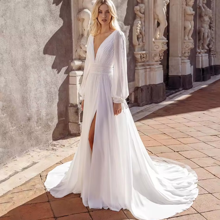  A Linie Boho Langarm Chiffon Brautkleid Healani mit Rückenausschnitt und Pinsel Schleppe