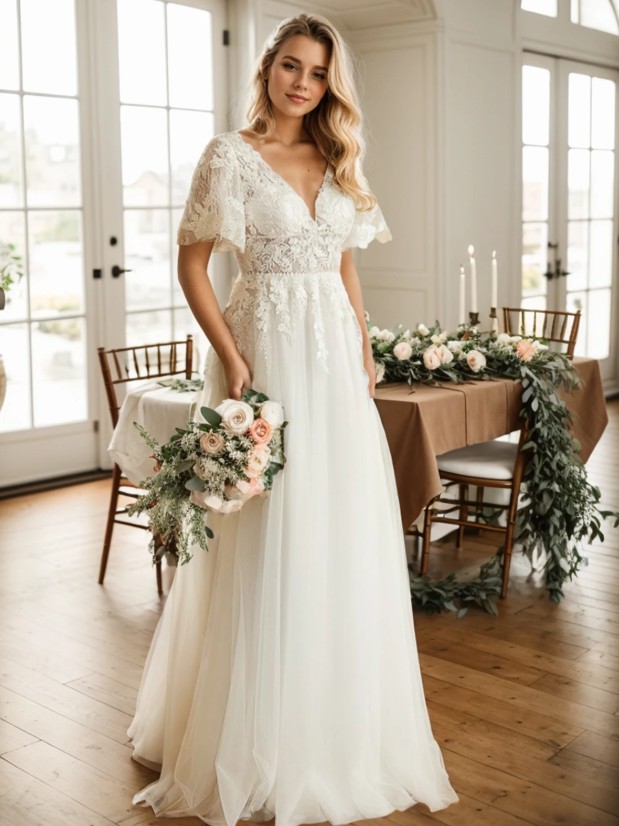  A Linie Brautkleid Hellena mit Spitze und Flare Ärmeln