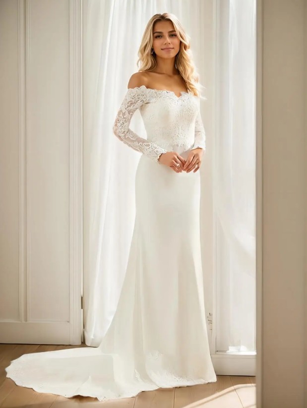  I Linie Langarm Brautkleid Hailey Schulterfrei mit Spitze und Schleppe
