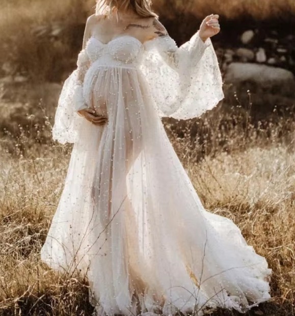 Schulterfreies Boho Brautkleid Helgrit für Schwangere Umstandsbrautkleid 