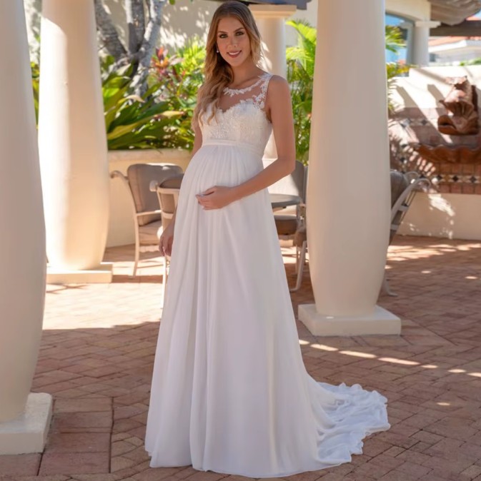 Empire Umstandsbrautkleid Hanna Ärmellos mit Spitze und Pinselschleppe