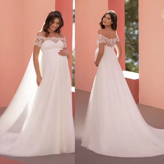 Schulterfreies Empire Schwangerschaft Brautkleid mit Pinselschleppe 