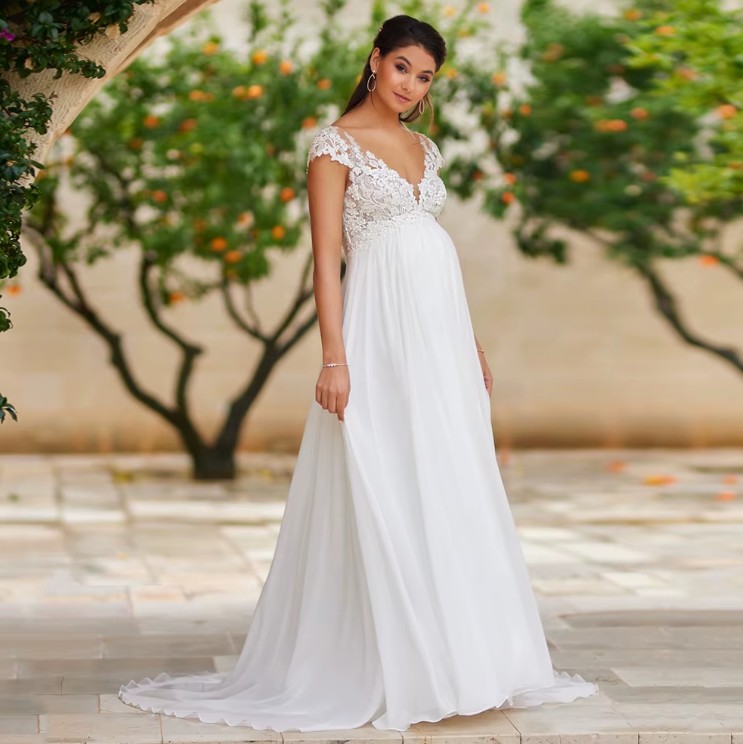 Empire Brautkleid für Schwangere mir Spitze Ärmellos Umstandsbrautkleid 
