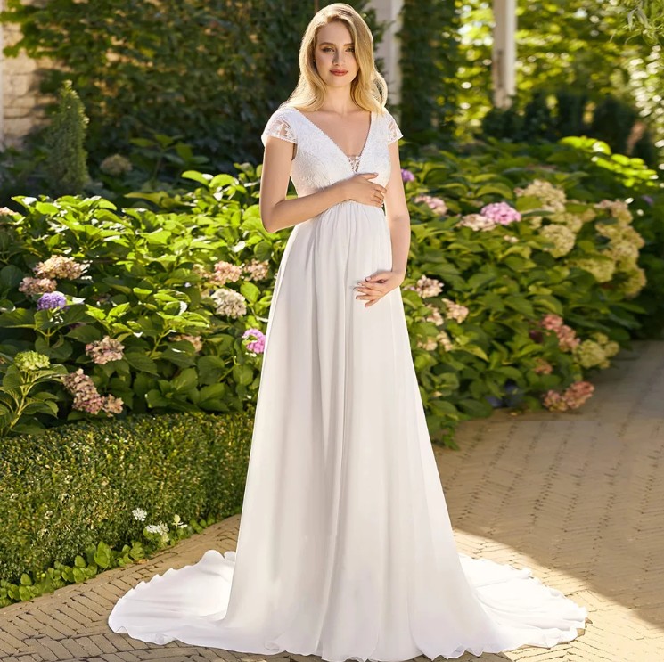 Empire Brautkleid Ileana für Schwangere mir Spitze Ärmellos Umstandsbrautkleid 