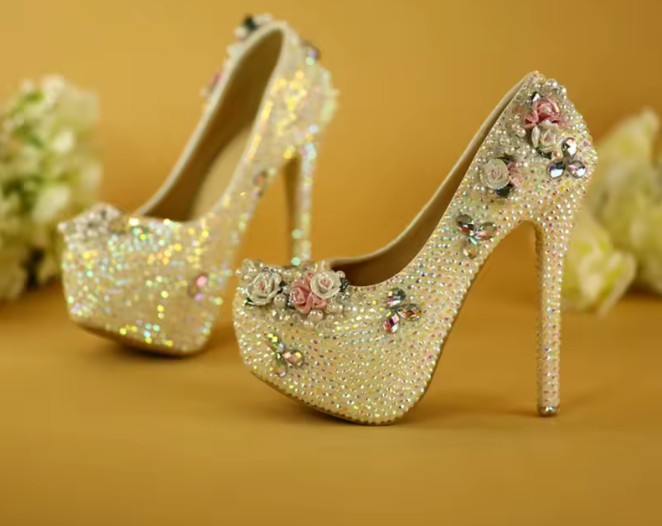 Glitzer Perlen Brautschuhe mit 3D Harz Blumen Absatz 6 - 14 cm