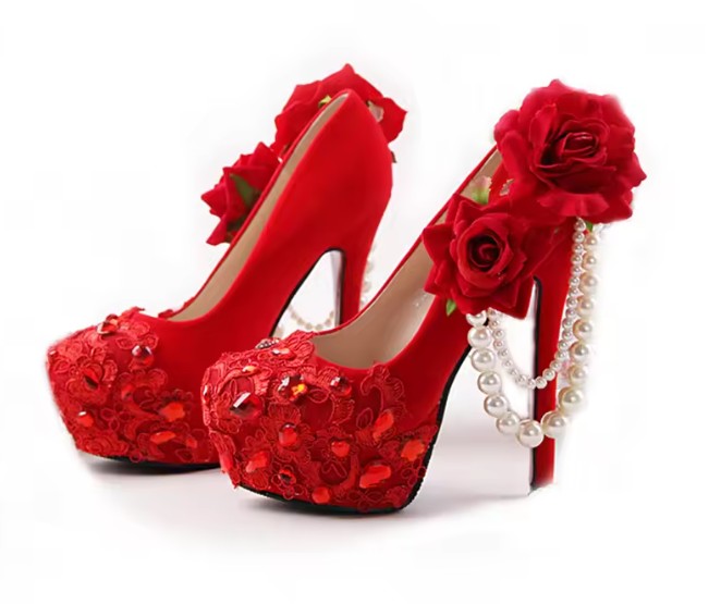 Rote Brautschuhe High Heels in Rot mit Strass Spitze Perlen und Rosen 11 - 14 cm Absatz