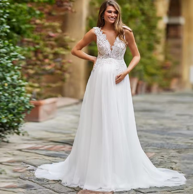 A Linie Umstandsbrautkleid Hochzeitskleid für Schwangere mit Spitze und V Ausschnitt