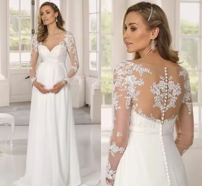 A Linie Umstands-Hochzeitskleid Langarm Brautkleid für Schwangere mit Spitze