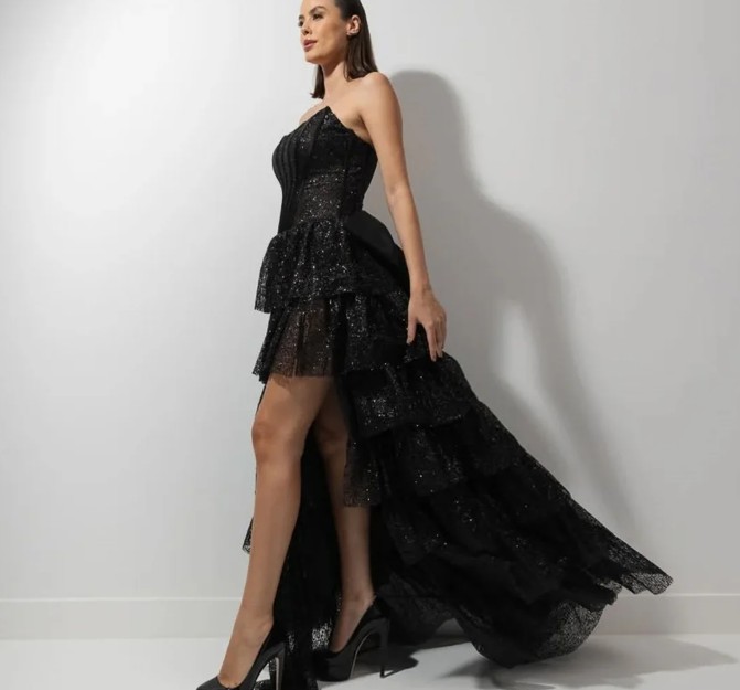 Vokuhila Glitzer Brautkleid Ineke in Schwarz Vorne Kurz Hinten Lang
