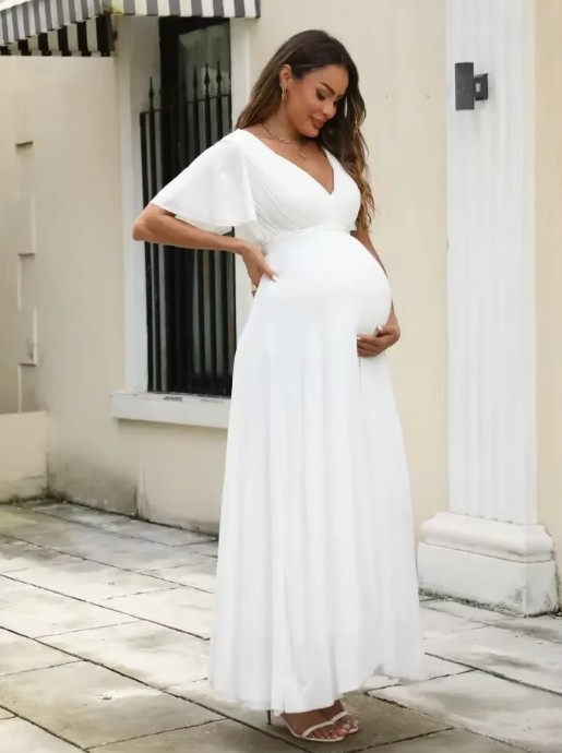 Chiffon A-Linie Standesamt Umstand-Brautkleid Lang in Weiß