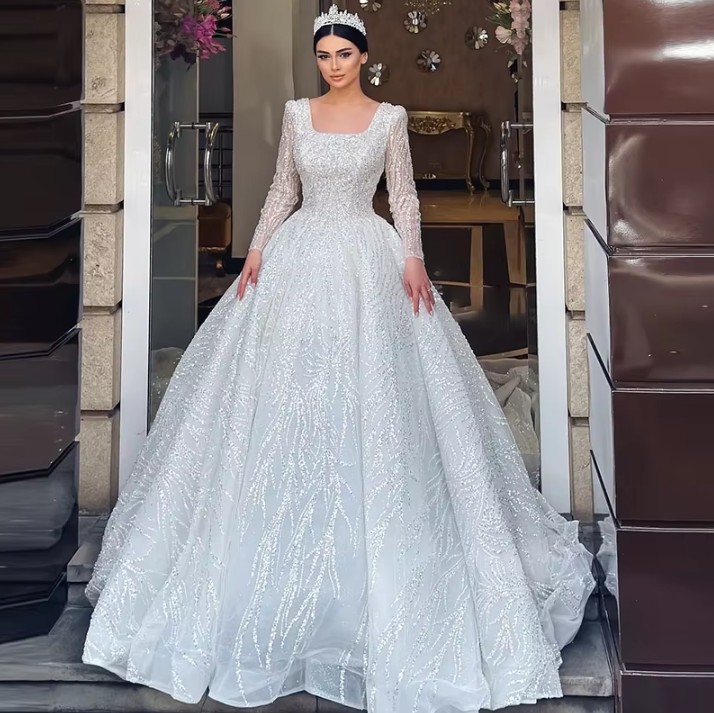 Prinzessin Langarm Glitzer Brautkleid Isabella