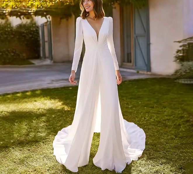 Langarm Chiffon Braut Overall Einteiler Ivy mit Schleppe