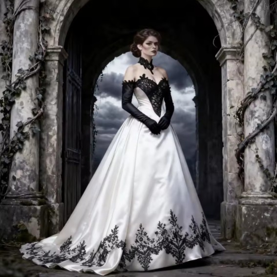Gothic Stil A Linie Brautkleid Irem Schulterfrei mit Schwarze Spitze