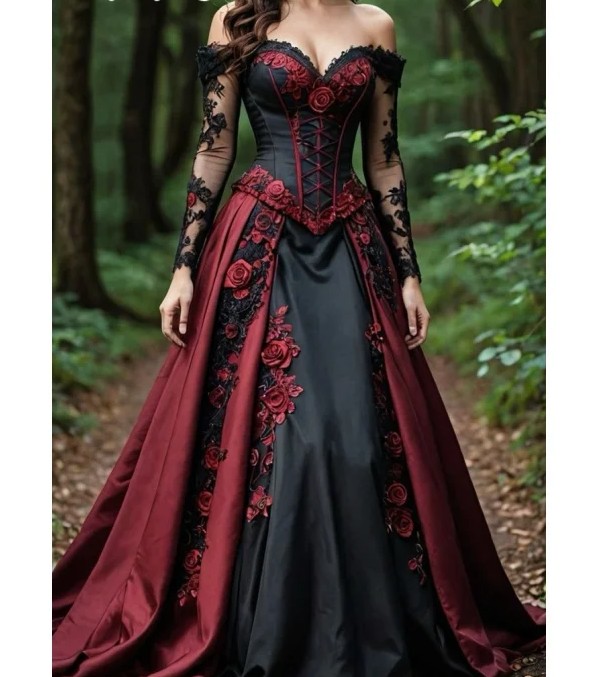 Schulterfreies Langarm Gothic Stil Brautkleid Isamara in Dunkelrot Schwarz mit Blumen
