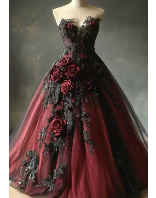 Schulterfreies Gothic Stil Brautkleid Irina in Schwarz Dunkelrot mit 3D Blumen