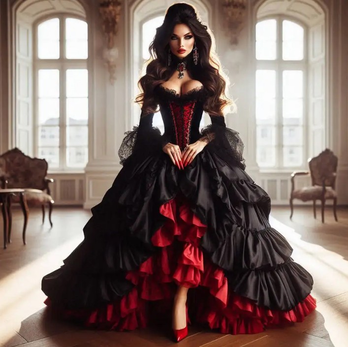  Vokuhila Gothic Stil Brautkleid Isis in Schwarz Rot mit Corsage Spitze und Rüschen