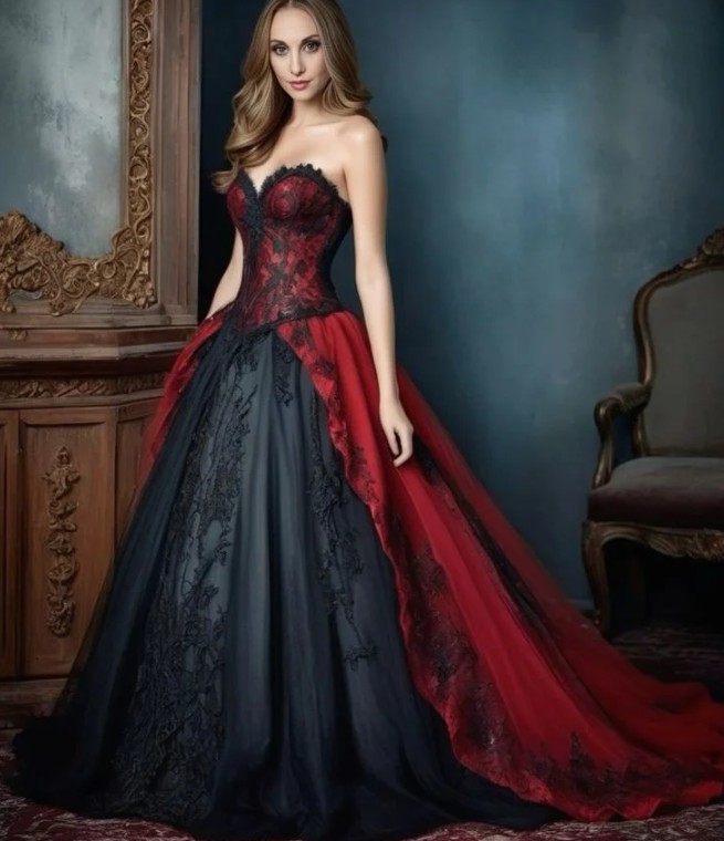  Schulterfreies Gothic Stil Brautkleid Ilana in Schwarz Rot mit Spitze und Schleppe