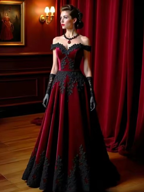  Schulterfreies A-Linie Brautkleid Imelda in Schwarz Rot mit Spitze