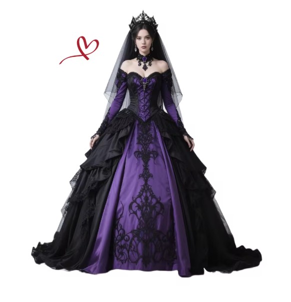 Gothic Stil Brautkleid Ermelina Schulterfrei mit Stickereien in Schwarz Lila