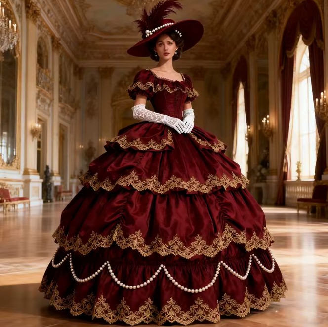 Viktorianisches Prinzessin Brautkleid Evelin in Dunkelrot mit Applikationen