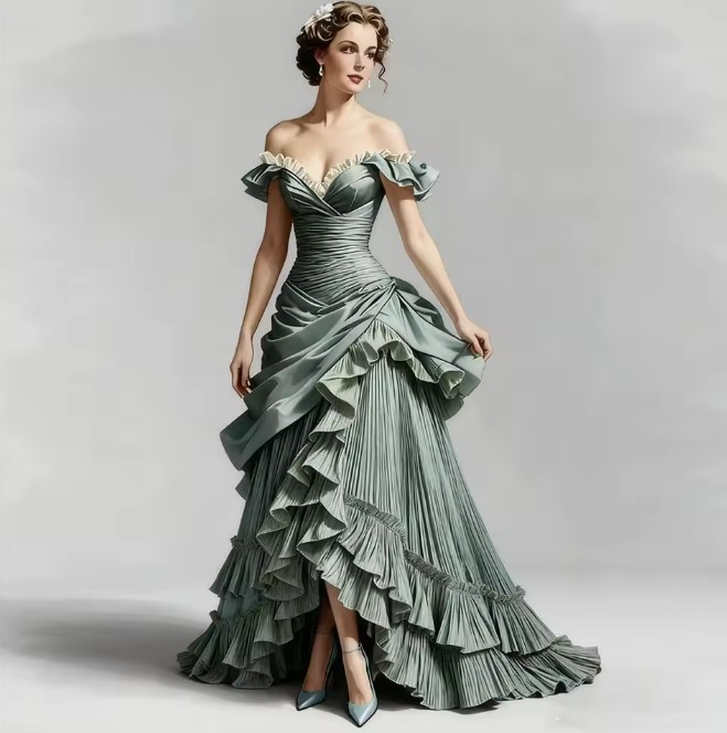 Schulterfreies Viktorianisches Brautkleid Elayne mit Raffungen in Grün