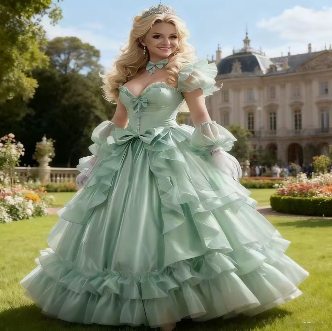 Schulterfreies Viktorianisches Brautkleid Elin in Hellgrün mit Raffungen