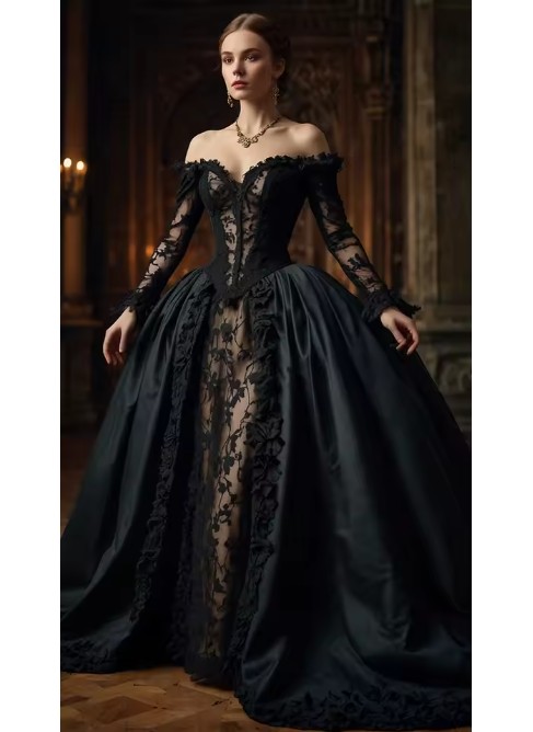 Viktorianisches Gothic Langarm Brautkleid Emmelie in Schwarz mit Spitze