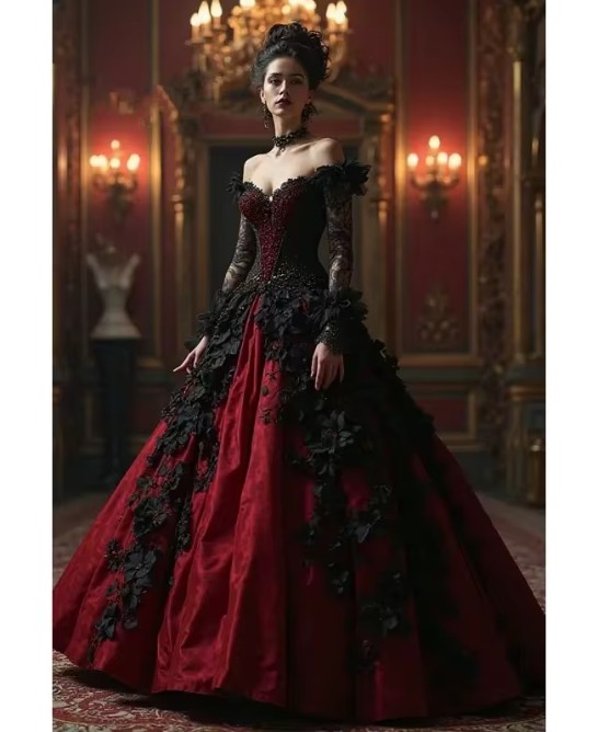  Schulterfreies Viktorianisches Braukleid Evelyn in Rot Schwarz mit Blumen Applikationen