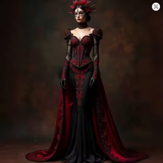 Schwarzes Gothic Stil Braukleid Elea mit Korsettschnürung und Spitzen Applikationen 