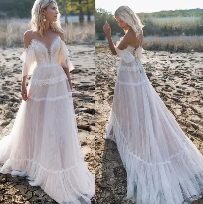 Schulterfreies Bohosytle Standesamtkleid Brautkleid Eija Bodenlang