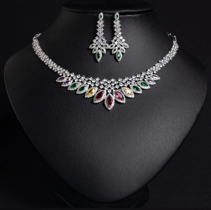 Brautschmuck Set Elisa Silber mit Bunte Steine