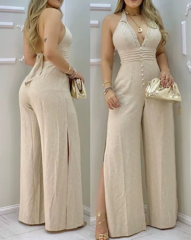 Neckholder Träger Overall Jampsuit Esmé für die Braut in Beige Creme