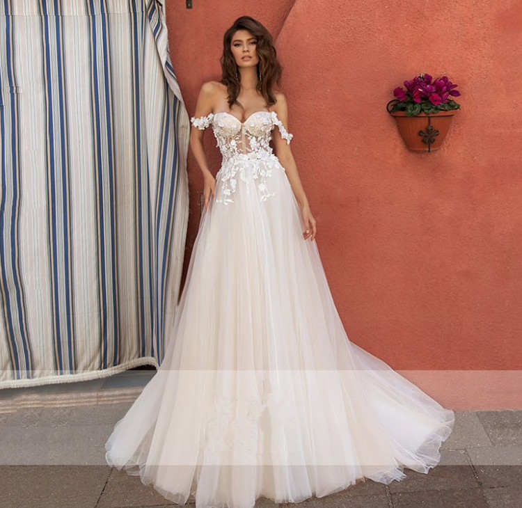 Schulterfreies Tüll Hochzeitskleid Brautkleid Eyleen mit Spitze