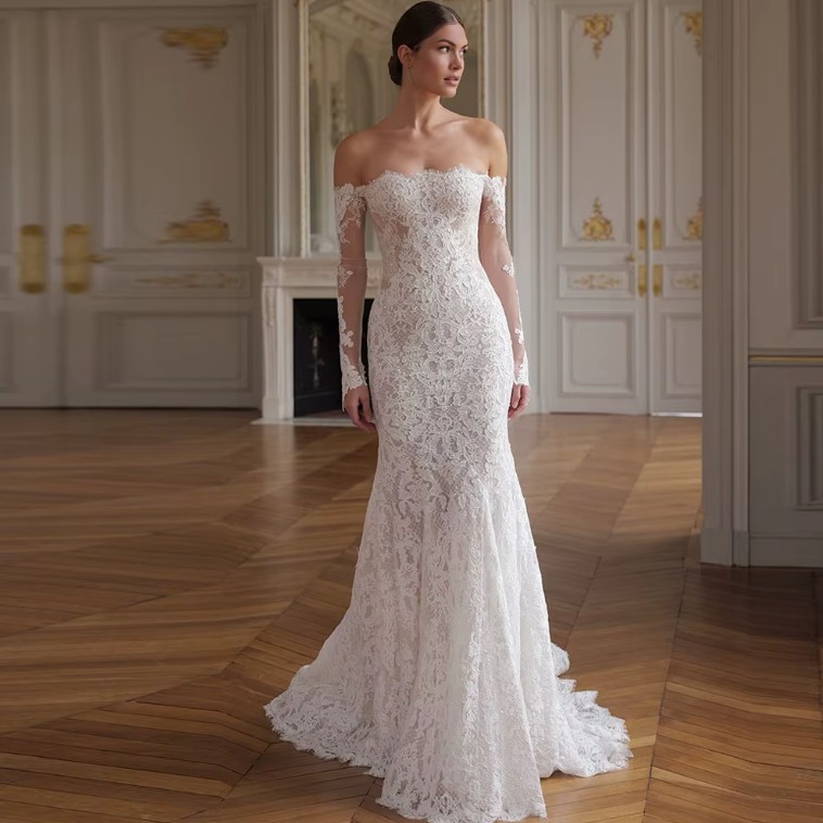 Schulterfreies Langarm Brautkleid Ileana aus Spitze und Schleppe