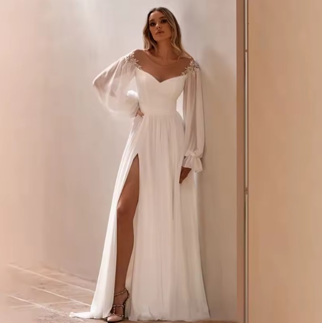 A Linie Brautkleid Ilisabat mit Schlitz Chiffon Ärmeln und Spitze 