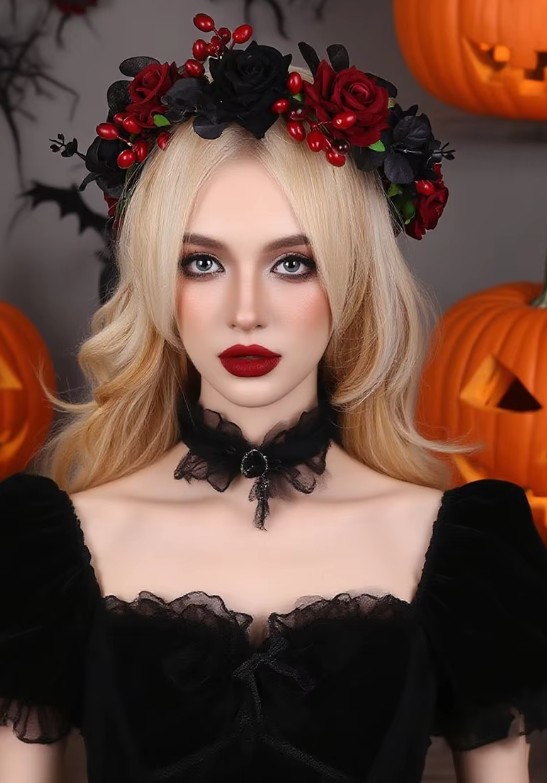 Gothic Stil Braut Blumen Haarkranz Schwarz Rot