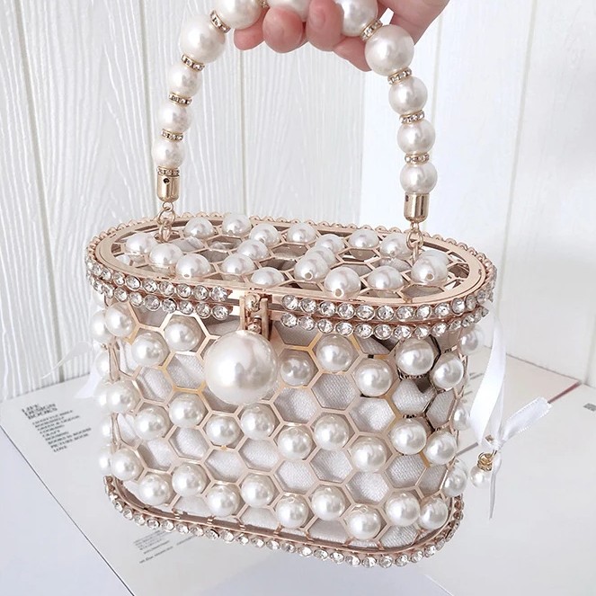 Luxus Perlen Handtasche Brauttasche Janka in Weiß