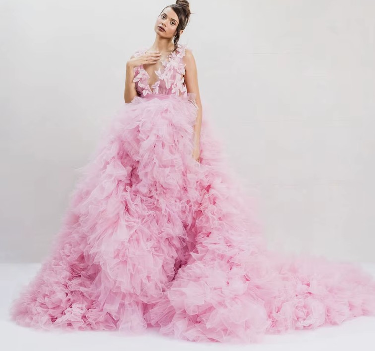 A Linie Tüll Rock für die Braut mit Volant und Schleppe in Rosa