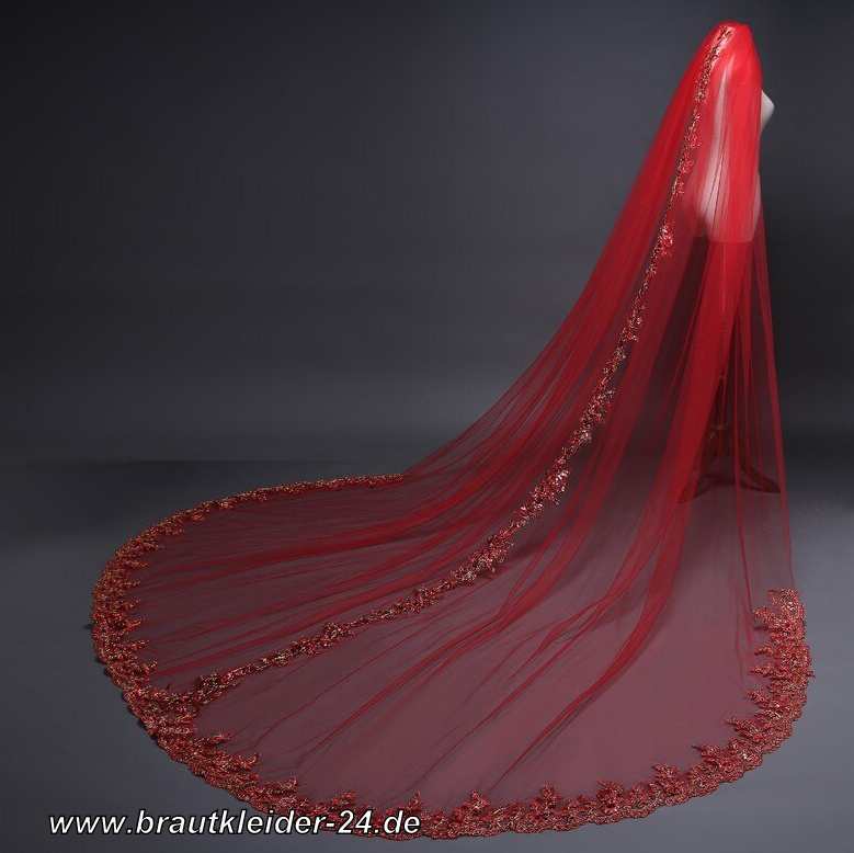 Brautschleier 300cm in Rot mit Klassischen Applikationen