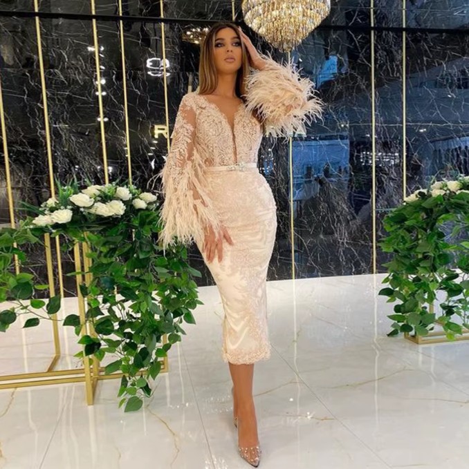 Champagnefarbenes Brautkleid mit V-Ausschnitt, langen Ärmeln und eleganten Applikationen