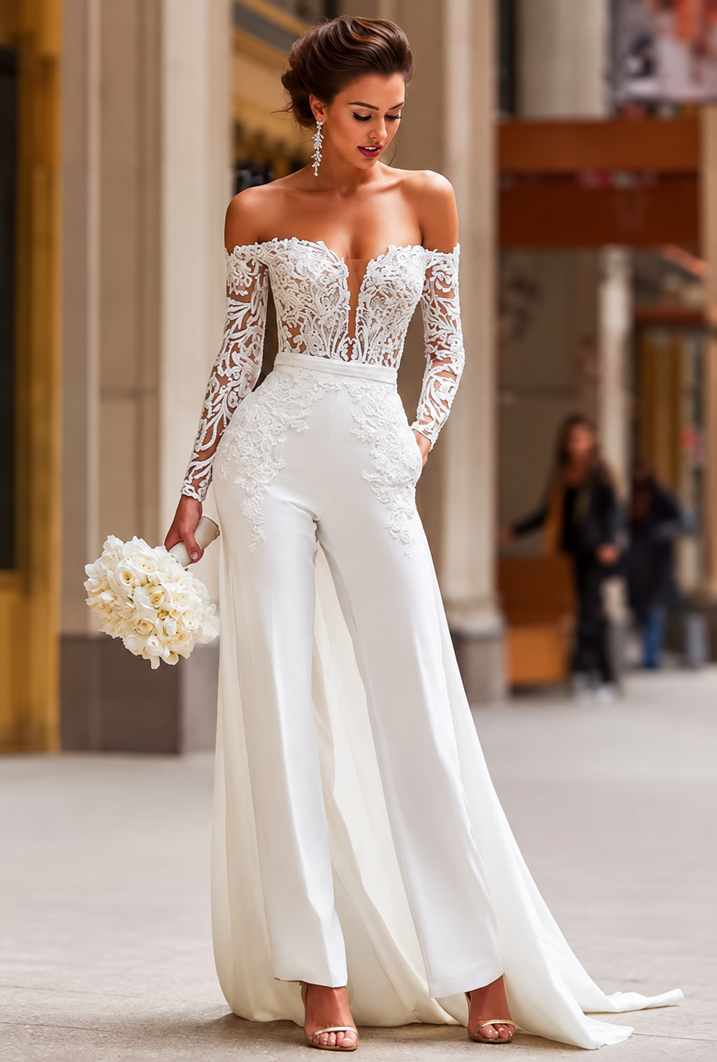Elegantes Einteiler-Hochzeitskleid mit Spitze, langen Ärmeln und Schleppe