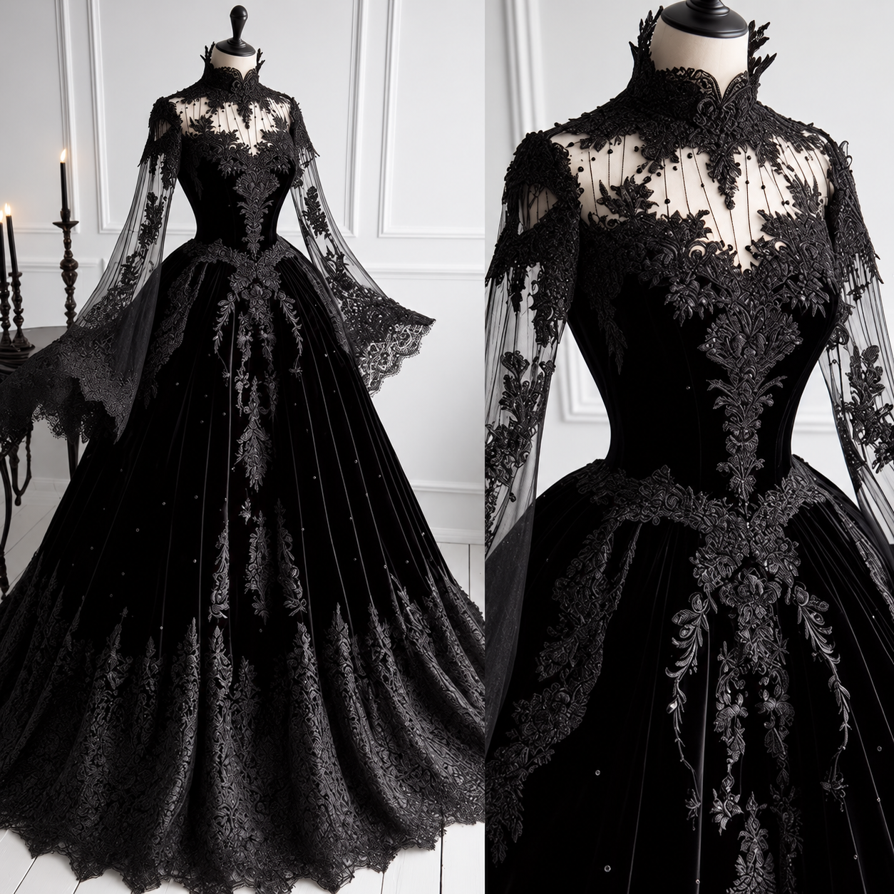 Schwarzes Gothic-Hochzeitskleid im Vintage-Stil mit Samt und Spitze