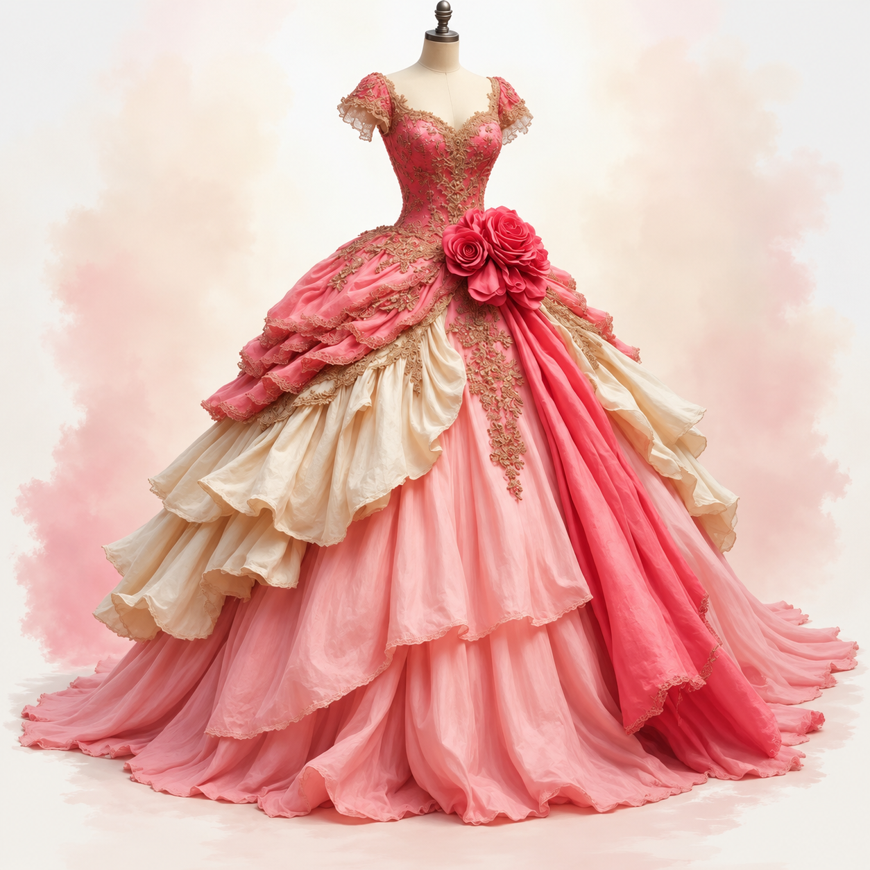 Renaissance Brautkleid Pink Rose mit Spitze und viktorianischer A-Linie