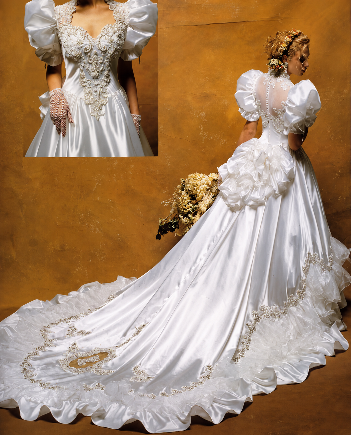 Viktorianisches Vintage-Brautkleid im 80er-Jahre-Stil mit Spitze und Perlen