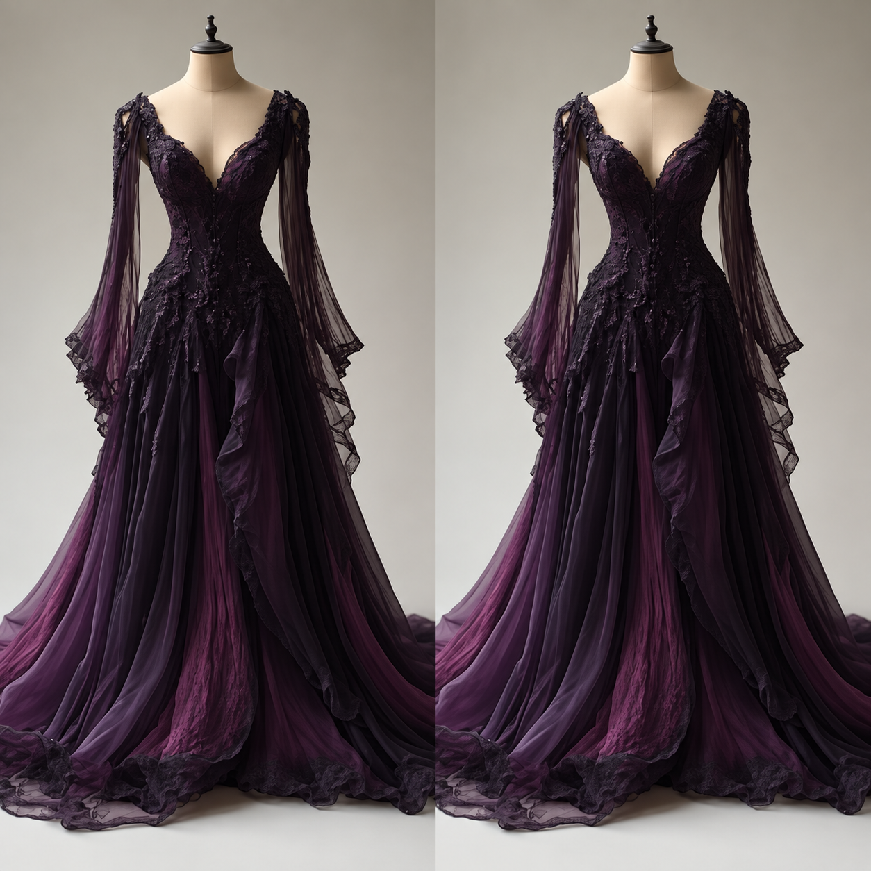 Schwarz-Lila Gothic-Brautkleid mit Spitze, langen Ärmeln und Rüschen