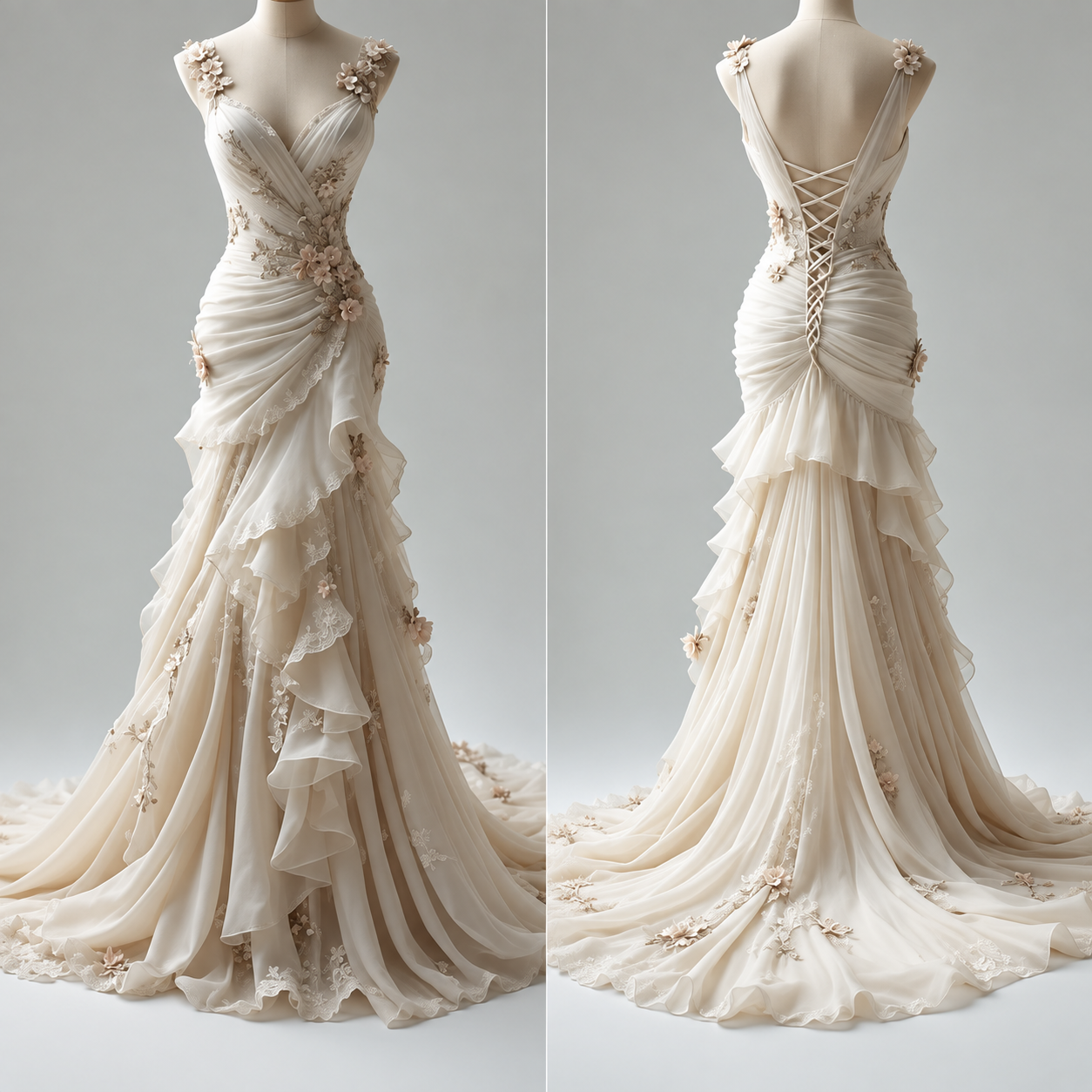 Weißes Fishtail-Brautkleid im viktorianischen Stil mit V-Ausschnitt und Schleppe